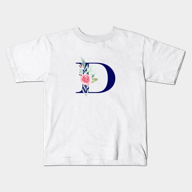 Watercolor Floral Letter D in Navy Kids T-Shirt by Harpleydesign